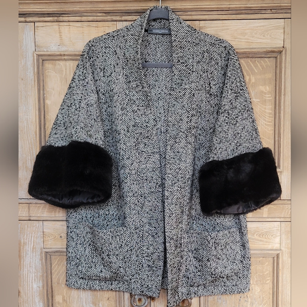 Sandro Ferrone Roma Black and Gray Herringbone W/ Fur Cuffs Size Large